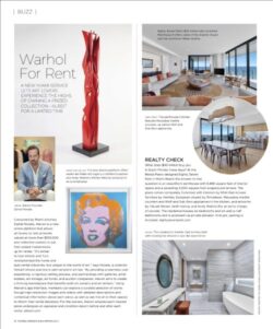 A magazine page featuring an article titled "Warhol For Rent," discussing art rental services with images of Andy Warhol's artwork, a red sculpture, and luxury interior photos of a penthouse with ocean views. Alevon﻿ was recently ﻿featured in Florida Design's Miami Edition